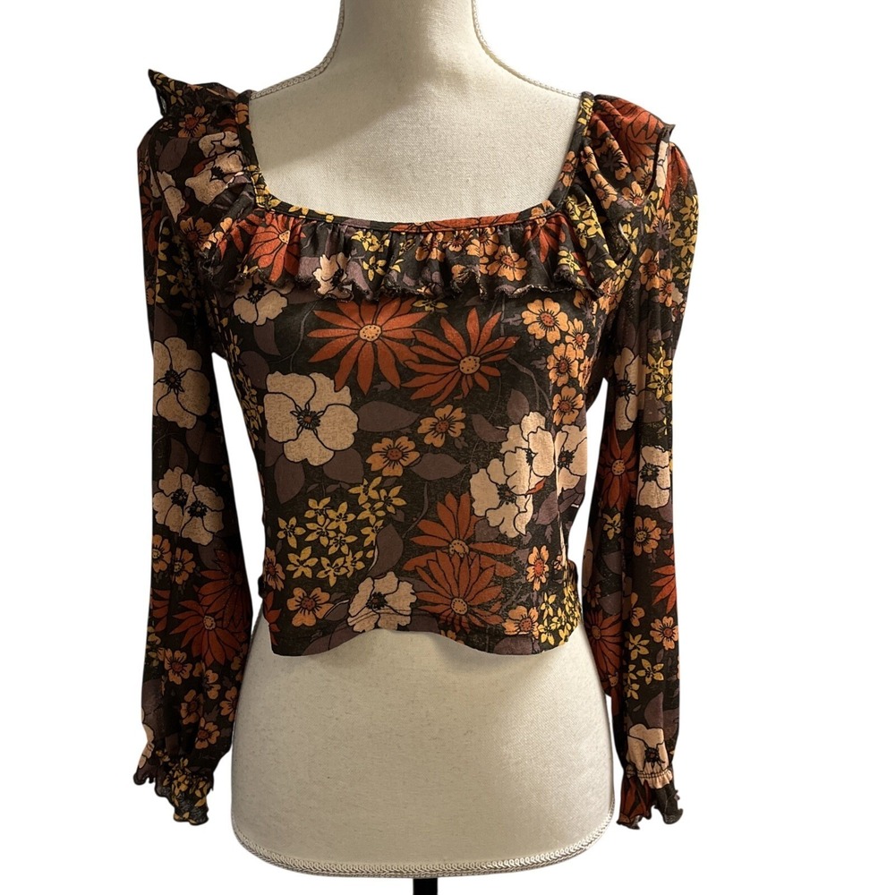 Miss Selfridge Top Brown Sheer Retro Floral Crop Size 8 Boho Hippie Festival - Picture 1 of 9